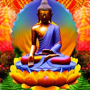 shakyamuni buddha 3d in meditation position with vivid colorful flowers
