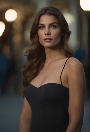 jeune Femme magnifique avec de longs cheveux brun regardant l'objectif en face, Detailed seductive blue-gray eyes, longues jambes sexy,  in the parking lot of a shopping mall, ((Detailed facial features)), (finely detailed skin), pale skinned, realistic skin texture, extreme skin details, (Pores:0.1), best quality masterpiece, photoreallistic, Hyperrealistic, Detailed, 8k, Hdr, (Couleur douce: 1.2), faible profondeur de champ, broad light, high contrast, contre-jour, fleurir, light sparkles, aberration chromatique, mise au point nette, Photo couleur RAW, without background blur, gros seins