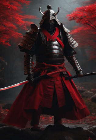 samurai com roupa escura, componentes de robo, com uma espada brilhando vermelho, de frente, fundo escuro, realista,