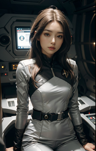 Outstanding picture quality, outstanding details, Ultra-high resolution, (Realism: 1.4), ((close up:0.75)), the best illustration, favor details, Highly concentrated for 1 woman, beautiful and delicate face, Perfectly proportioned, (Slim:0.3, little chest), (Wear a tight-fitting racing monolithic monochrome suit?I love Starfleet uniforms, gray silver fur, Military seat belts, Spaceship control panel in the background,