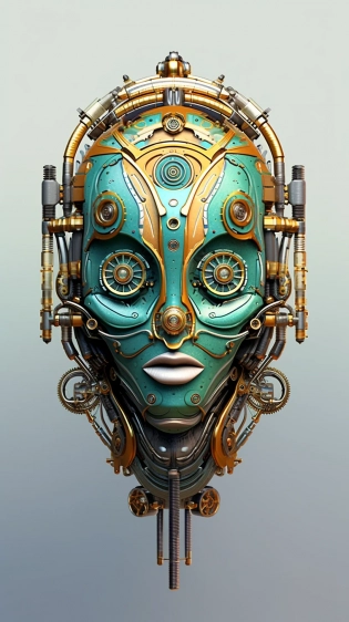 an image of a green and blue face which looks like a robot, in the style of intricate steampunk, vray, light cyan and orange, futuristic contraptions, neo-victorian, ue5, mechanical designs --ar 51:91 --style raw --s 750 --v 5. 1