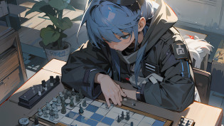Anime characters playing chess on a table, rimuru playing chess, Guviz-style artwork, animeaesthetic, anime mecha aesthetic, From the night of the ark, playing chess, !!playing chess!!, 2D game fanart, chessboard scientist, arknight, game aesthetic, Kantai collection style, 2 d anime style, girls frontline style