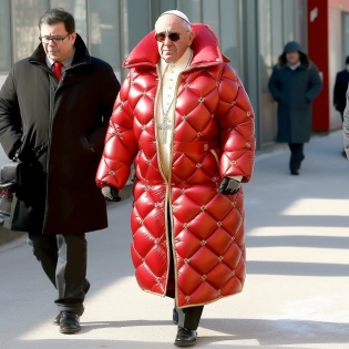 The Pope wearing a full length red down shiny puffy jacket, gold cross jewelry, gold rings --q 5 --v 5. 1 --s 750