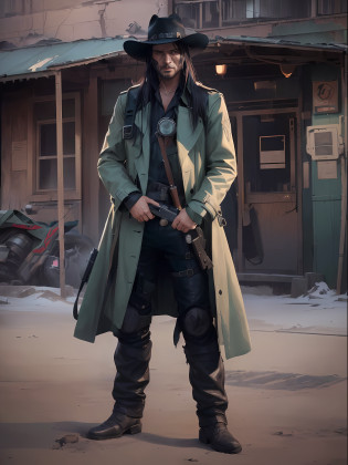 there is a man in a hat and trench coat holding a gun, in a post apocalyptic setting, cyberpunk wild west, post - apocalyptic cowboy, as a solomon kane, postapocalyptic explorer, postapocalyptic style, cyberpunk style outfit, postapocalyptic, cinematic full body shot, post apocalyptic attire, cyberpunk street goon, western steampunk cyborg