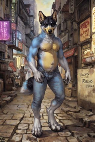 (by rukis, by blotch, by personalami, by honovy, by zackary911), male, solo, safe, (bandit heeler), australian cattle dog, canid, clothed, topless, jeans, blue body, blue fur, yellow fur, tail, paws, claws, standing, happy trail, tokyo, street, akihabara, neon lights, yellow chest, musclegut, happy trail