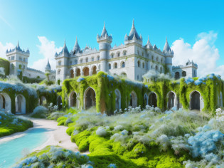 (pumice isle), (one old dirty palace), under blue sky, (waves), (((All overgrown with azure moss and flowers))), beautiful ocean, (mossy and really old palace), abandoned, ((symmetrical  white palace)), calm weather, dominant towers, (broken palace), ultra detailed background, sun shining on palace,, ultra high quality, focused on palace