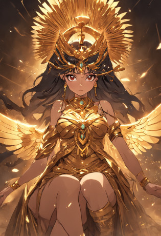 Isis: Main goddess of the Egyptian pantheon dressed in gold and golden makeup with wings spread, in the style of the Egyptian gods,  depicted with a throne-shaped head adornment, a reference to Osiris. coberto de joias de luxo, joias, luxo, EGYPTIAN SYMBOLS, joias de pintores e escultores, detalhes altos, Realistic, Detalhamento ultra intrincado, 8k, Cinematic lighting, cinemactic. Image with resolution of at least 300dpi
