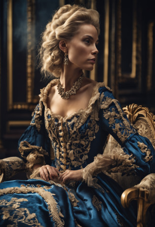 A blonde woman in a dark blue dress sits on a chair in the palace, rococo queen,  historical baroque dress, aristocratic clothes, rococo fashion, ornate royal gown, wearing a noblewoman's outfit, Rococo dress, intricate costume design, in a fancy elaborate dress, royal robe, 1 7 th century duchess, baroque dress