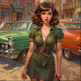 isabelmoner-smf, dora: 1.5, with a surprised face, big eyes, standing by a broken red Cadillac, Gil Elvgren's style, artgerm,Colorful pin-up art, Gill Elvgren,
 (realist in the style of David Barnett � Newton Hellmuth � Yuriy Arkurs ), based on Gil Elvgren, PIN Access Point, Vintage pin app, 50 mm