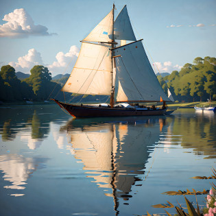There is a sailboat sailing on the water, rendered in corona, treading on calm water, rendered in povray, author?Vincent Lefebvre, Sail ships, sails?Masts and rigging, Sail, he's on an old sailing boat, Sail ships, Rendered in V-Ray, author?Etienne Dressett, semi - realistic render