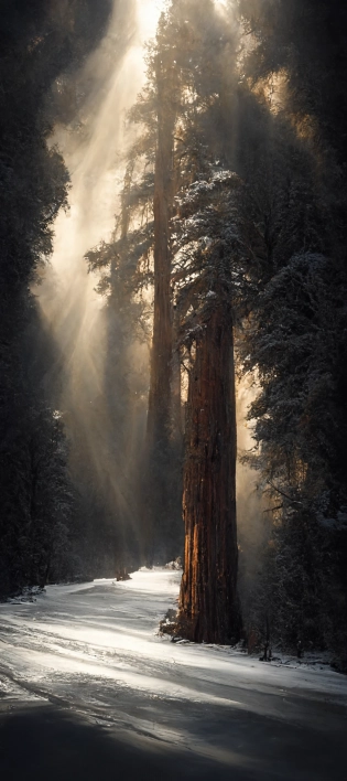 Sequoia National Park, winter, landscape, dramatic lighting, cinematic, rays of shimmering light, amoled, photo realism, ultra detailed, dark tones, slightly desaturated --iw 4 --ar 9:21 --uplight --s 5000