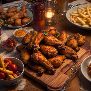 (Full Focus:1.5), (Placed on the dining table, Orleans grilled chicken wings|hamburger|lewd juice|french fries|Fried chicken nuggets|fruit|Fried chicken wings|shellfish:1.2), ray tracing, cinematic lighting, chiaroscuro, masterpiece, super detail, high details, high quality, best quality, highres