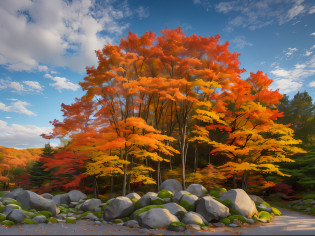 ((highest quality, 8k, masterpiece, photorealism, RAW photo, best quality)), pile of rocks in the middle of the leaves, orange rock, Karuizawa, autumn forest, autumn leaves in the foreground, Japanese maple, autumn tranquility, dramatic autumn landscape, autumn foliage, rocks, maple tree with autumn leaves, autumn colors, impressive composition, ultra-realistic, high definition, realism, realistic photos, professional color correction, Canon EOS 5D Mark Taken with IV --auto --s2