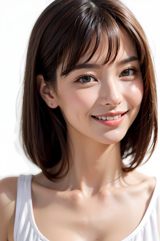 ((High Angle or Low Angle))?(stares at the camera)?(realisitic?Photorealsitic:1.37)?(8K?Raw photography?top-quality??masterpiece:1.2)?cute little?ultra-detailliert?Heart-shaped pupil?physically-based renderingt??A high resolution?Kodak Vision Color?Captured with an Arricam LT camera?bokeh dof?foco n�tido?Look at viewers?Photorealsitic?realisitic????Photorealsitic?top-quality?extra detailed face?extremely detailed eye and face?beatiful detailed eyes?absurderes?incredibly absurdness?hair messy?Floating hair?short clean hair with bangs?Put your ears out?clean and long neck?Clean collarbone?glowy skin?Distinct double eyelids?Lashes?((Immaculate white background with nothing really?Close-up of the face))?Close your mouth and smile a little?Smiling happily?Smile happily?White-colored skin?Cute wink?Wink?((Wink))?Do not add shadows?Naked Photos