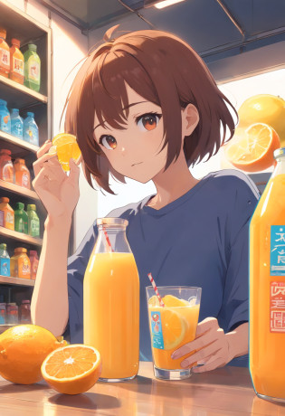 Someone has a bottle of orange juice with a sticker, Drink, Made with drinks, it has lemon skin texture, Lemon Demon, Wang Chen, Energy drinks, qiangshu, lava, daoshu, ? ? ? ?, fire punch, Komono, zmonzheng,Wringing by hand,