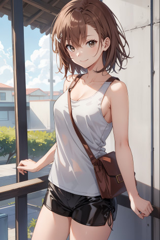 Masterpiece, 4K, Top Quality, Misaka Mikoto, Ribbon, White Tank Top, Latex Shorts, Standing, Armed, Smile, Pouch