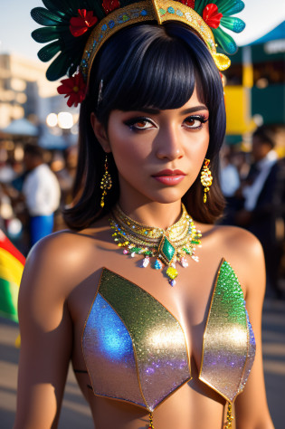 BZCCostume, (Colorfull:1.2), deep shadow, (Brazil Carnival Parade Background:1.3), ((photogenic, rule of thirds)), RAW photo of (Brazilian woman:1.2), half body shot, silvered ombre hair, (high detailed face:1.3), (high detailed skin:1.2), detailed skin, skin imperfections, honey skin, highly detailed woman, glitter skin tone, Chocolate skin tone, (complete eyes, complete face:1.1),(shiny eyes:1.2), extremely detailed eyes and face, piercing crimsone red eyes, bangs, frills,wearing an extremely detailed BZCCostume in rich colors texture, with an headdress of flowers, short brown curvy hair colors, (medium breast size:1.4), in UE5 setting and rendering 4x with this photorealistic and dynamic (Large Shot). Captured in stunning 4K and 8K resolution, Utilizing advanced camera equipment, including Kodak Funsaver disposable camera, sharp focus, film grain, Fujifilm XT3, dynamic lighting, shadows, (photo taken in the morning sun, back lit:1.2)