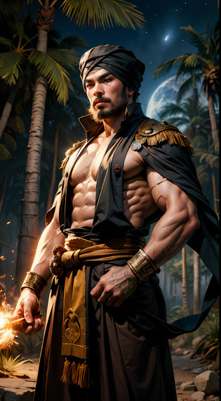 A Javanese man, big lips, thin body, brown clothes, long dark brown robes, wearing a black small turban, hand holding a commando stick, background explosion, night, jungle (masterpiece:1.2) (illustration:1.1) (best quality:1.2) (detailed) (intricate) (8k) (HDR) (wallpaper) (cinematic lighting) (sharp focus)