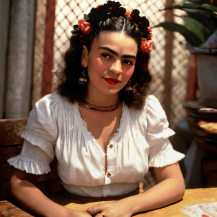 Photo of frida kahlo with red lipstick and white shirt sitting at the table, frida kahlo, Stunning art, beautiful art, sensual smile and perfect smile, facial simmetry, Portrait of frida kahlo, relaxed smile on her face, beautiful art, slight smile, very beautiful smile playful, beautiful lady, intense steam, seductive smile, frida kahlo, amazing art, Aninha Leibovitz --auto