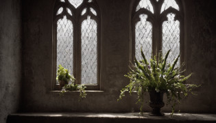 a view of a window with a plant in a vase in front of it, photo of a beautiful window, beautiful atmospheric details, stunning arcane backdrop, gothic interior, floral setting, open window backdrop ib, gothic church backdrop, spectacular window backlit, gothic atmosphere, atmospheric fantasy setting, window, beautiful matte painting, gothic mansion room, large window, gothic background