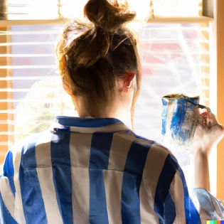 gorgeous young girl standing by window from behind, with a mug in her hands, wearing an oversized blue shirt with white stripes, light brown hair, messy bun, painting, oil painting, brush stroke, highly detailed, cozy aesthetic, award winning, hard rim lighting