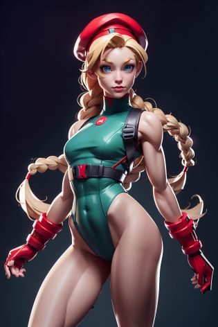 (best quality, masterpiece, perfect ligthing, bloom, cinematic lighting, twin long braids, red hat, open legs), cammy white, blue eyes, blonde hair, long hair, large hips, red headwear, green leotard, fingerless gloves, harness, thighs, red socks, black footwear, ahoge, looking at viewer, <lora:3DMM_V11:0.8> <lora:cammy whiteV1:0.7>