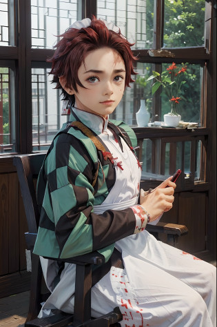 (1 boy:1.4),Background with?Return blood?bloods?((((maid clothes))))?having katana?((station))?Crowds?the met?(Male face details:1.4),eye detailed,Cute,Looking at Viewer, Advertising Label Boy,Cute face,Description Empty,Handsome,??,Juvenile,((masutepiece:1.4,Best Quality)),Multiple details, eyeshadows,SFW, Full Shot, Green Valley, (Tanjiro), (Original Compliment), (Scar,scar on forehead, 1boy, Red hair),