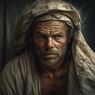 Man wrapped in old dirty cloth, wide angle, ((detailed environment)), muscular, handsome, detailed background, lifelike, ((highly detailed)), ((intricate)), detailed face, natural colors, ((((professionally color graded)))), photorealism, 8k, crisp lighting, trending on tumblr, art by artgerm and greg rutkowski and alphonse mucha and loish and WLOP