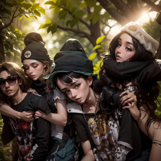 Quatro jovens duas mulheres e dois homens em uma floresta