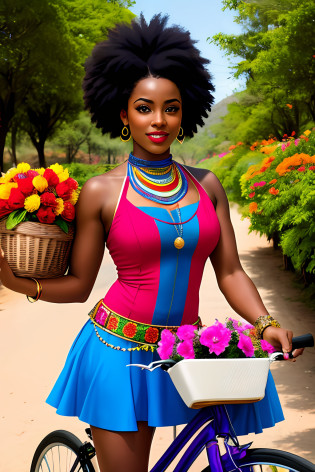 description: Generate an image of a beautiful woman riding in a beautiful basket with a basket on the bike filled with colorful all-African acceric flowers, incluindo pele escura, cabelo enrolado.

Instructions for generating the image:
1. A linda garota de bicicleta deve ser representada como uma mulher (africana, com pele escura )and facial features that reflect the ethnic and cultural diversity of the African continent.
2. Seu cabelo deve ser naturalmente (enrolado, com cachos definidos e cheios), demonstrando a beleza dos diferentes estilos e texturas de cabelo afro.
3. Hair coloring should be vibrant, usando cores como azul, rosa, verde ou roxo, que combinem harmoniosamente com sua (pele escura )e realcem sua personalidade marcante.
4. She must be wearing a colorful dress filled with flowers with a predominance of the colors, azul,amarelo e rosa,but with elements that value the richness of cultural traditions( africanas.)
5. Harley Quinn's pose should be dynamic, reflecting his outgoing and energetic personality, and allowing you to highlight your African identity with confidence.
6. O fundo da imagem pode ser uma paisagem urbana, allusion to a cosmopolitan city, or any scenery that refers to the bustling city, mas com elementos que possam representar a cultura africana de ;, . Enfatize a beleza e a diversidade da cultura africana, providing an empowering image of Harley Quinn in battle in chaotic scenery)

Contar: Use sensory descriptions to enhance the image, destacando a (textura do cabelo,) os detalhes do traje, the facial expression and atmosphere of the scenery.
 da Arlequina; 16k