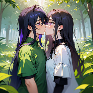 Masterpiece, best quality, {best quality}, {{masterpiece}}, {highres}, {{{field field}}, extremely detailed couple, illustration, couple, 1boy, 1girl, couple, love, romantic, sharp focus, male focus, female focus, black hair, both long hair, violet eyes, sun, sunlight, lifting, t-shirts, men's leisure clothes, expressionless, women's fashion, forest, kiss, kisses --auto --s2