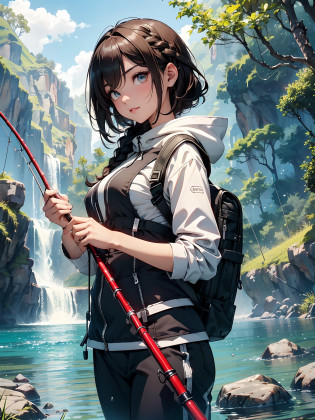 8K??masterpiece, top-quality, The ultra -The high-definition, Top resolution, ighly detailed, profetional lighting, ?????nffsw?Woman fishing in the river?Beautiful and wide river?Flowing waterfall?Petricular muscle?musgo?the woods?mont?Blue sky?Flowing clouds?steam?myst?Full Body Pose?Girl blends into the landscape?Beautuful Women, a small face?de pele branca?a very cute, 17 age?(A detailed eye?Bright pupils?Gradient Eyes:1?finely detailed beautiful eye:1?Symmetrical eyes:1?big highlight on eyes:1.2)?detailed hairs?Brown eyes)?breasts are medium in size?(Black-brown hair?Short hair?Short?Braiding)?(1 fishing rod?Holding a fishing rod in your hand?Fishing lure rod?Fly Rod?Fishing Reels?with long sleeve hood?Outdoor Vest?parka?Waders?Long pants for fishing?Big backpack)?thin and long legs?Beautiful hip line?Beautiful spine?constricted back?Toned waist?The face is a little red, beutiful breast?Breast is an A cup?long hair split edges) ?(Round face: 1.4)?(Fine fingers?Ratio 4 fingers and 1 thumb?detailed arms?detailed human hands)?Gentle smile?shiny lip?(1 fishing rod?Straight stretch fishing rod?Long fishing rod?Woman fishing with fishing rod in hand)?The tree?Sunlight passing between?(Dappled sunlight)