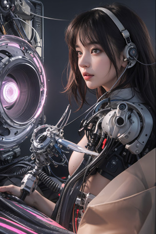 Top Quality, Masterpiece, Ultra High Resolution, (Photorealistic: 1.4), Raw Photo, One Girl Inside a Huge Space Colony, Black Hair, Glossy Skin, 1 Mechanical Girl, (Ultra Realistic Details)), Portrait, Global Illumination, Shadows, Octane Rendering, 8K, Ultra Sharp, Big, Cleavage Exposed Raw Skin, Metal, Intricate ornament details, headset, hydraulic cylinder, very intricate details, realistic light, CGSoation trend, purple eyes, glowing eyes, facing the camera, neon details, mechanical limbs, blood vessels connected to tubes, mechanical vertebrae attached to the back, mechanical cervical attachment to the neck, sitting, wires and cables connecting to the head, Evangelion, Cyberpunk, small LED lamp, background is a city inside a futuristic cylinder-shaped space colony,