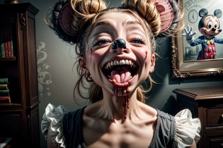 (Anthropomorphic), (sadistic mickey mouse by tim burton), (fangs, sharp teeth, blood dripping down mouth), (dynamic lighting), ultra highres, photorealistic, 8k, hyperrealism, photography, <lora:add_detail:1>