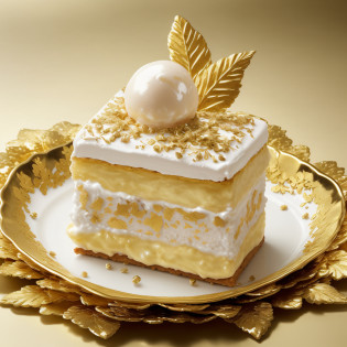 there is a icecream sandwich on a plate with a gold leaf decoration, gold and pearls, gold and white, white and gold, napoleon, gold leaf, award-winning crisp details�, award - winning crisp details �, gold flakes, gilded with gold, ornate with gold trimmings, cake art, white and gold color scheme, decadent, culinary art photography, touches of gold leaf