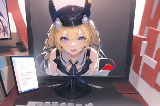 best quality, masterpiece, finely detailed, beautiful eyes, high resolution illustration, hyper detail, highres, Intricate details, High face detail, High quality anime, solo, 1girl, 
through_screen, <Lora:ACTION_ConceptThroughScreen_v1:1>, computer, desk, monitor, tabletop, keyboard, miniskirt, shirt, hat, very long hair
