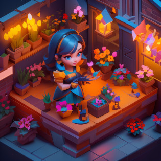there is a woman that is standing in front of a table with flowers, flower shop scene, stylized game art, isometric 2 d game art, isometric game art, game illustration, mobile game art, cute detailed digital art, detailed game art illustration, stylized concept art, detailed 2d illustration, detailed game art, stylized 3d render