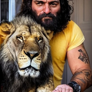 Un hombre fuerte y musculoso, con una barba densa y un cabello largo y oscuro, se encuentra en la puerta de su casa, luciendo su magn�fico le�n como mascota. El le�n es enorme y majestuoso, con una melena dorada y brillante, y su cabeza descansando en el hombro del hombre. El hombre tiene una sonrisa confiada en el rostro mientras acaricia suavemente al le�n. En el fondo se ve un paisaje ex�tico con colinas y �rboles, lo que sugiere que el hombre y su le�n viven en un ambiente salvaje y natural. La imagen est� iluminada con una luz dorada y c�lida, que acent�a la belleza del le�n y la fuerza del hombre. La imagen est� renderizada en alta calidad en resoluci�n 4K y utiliza t�cnicas de texturizaci�n avanzadas para hacer que el pelaje del le�n parezca realista y detallado