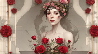 there is a woman with a rose headdress and a bunch of red roses, hyperrealistic art nouveau, artstyle tom bagshaw, natalie shau tom bagshaw, tom bagshaw artstyle, art nouveau octane render, karol bak uhd, tom bagshaw style, baroque digital painting, art tom bagshaw, artgerm and james jean