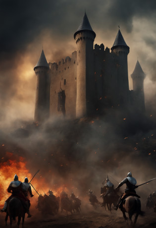 medieval battlefield, Seen from above, epic fights, Soldiers fighting with swords and shields, Flag fluttering in the wind, Gothic architecture, Impressive castle, Smoke and fire, cloudy ash sky, intense moment, Minute Details, Depressive Atmosphere.