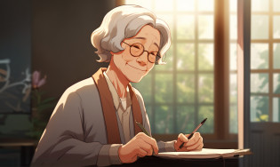 A woman sitting at a table writing a caricature on a piece of paper, inspired by the senior character artist, Detailed fanart, Old lady, official character illustration, by senior character artist, inspired by senior environment artist, by Ni Yuanlu, a character portrait, Grandma, An old lady, A portrait of the character, character portrait of me, detailed character portrait