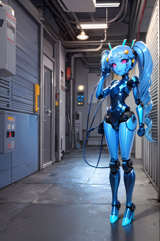(best-quality:0.8), (best-quality:0.8) , robot girl with smooth glossy blue plastic skin, (loli:1) factory, (shiny blue plastic robot face:1.7), (long multi-coloured plastic hair:1), flat chest, glowing eyes, twintails, full body, happy, welding, charging cable, (sparks;1), high heels, petite, half body shot