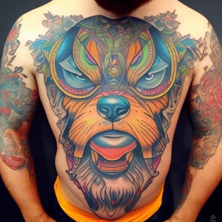 Imagine a scene straight out of a cartoon: A burly, bearded tattoo artist, his arms a vibrant tapestry of colorful tattoos. He's sporting a Nike cap, shorts, and a white tank top, exuding a cool, laid-back vibe. His tattoo machine buzzes in his hand like a friendly bumblebee, ready to ink a whimsical design onto your skin