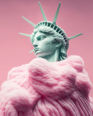 Statue of Liberty wearing a pink fluffy fur coat, 8k octane rendering, high resolution photography, hyperrealism, insanely detailed, 8k, ultra realistic, commercial photography, professional color grading, --ar 4:5 --q 2