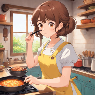 Flat anime style shading, anime woman, Anime-style characters, flat anime style,house wife?Have a frying pan, Brown hair, pinafore, Powerful Pose?kitchin, Powerful anime girl,illustratio?