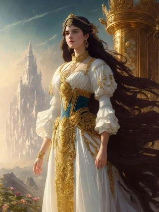dreamlikeart, Masterpiece portrait of a Beautiful Humanoid Princess Emelia Clark with long hair, standing next to a beautiful view, Hopeful, Happy, ornate white officers outfit with gold embellishments, intricate, elegant, highly detailed, digital painting, volumetric lighting and shadows, Vivid colors, concept art, smooth, sharp focus, illustration, art by artgerm and greg rutkowski and alphonse mucha, (high detailed skin:1. 2), 16k uhd, hdr, dslr, high quality, film grain, Fujifilm XT3