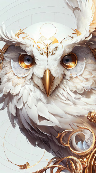There is a white owl with golden details on its head, Arte digital altamente detalhada em 4k, Grande arte digital com detalhes, arte digital altamente detalhada, arte digital de detalhes surpreendentes, wlop intrincado, arte digital altamente detalhada, Arte altamente detalhada em 4K, arte digital altamente detalhada, bela arte digital, arte digital ultra detalhada, arte digital ultra-detalhada