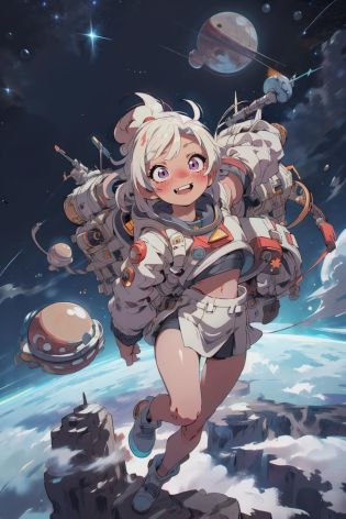 LunarPunkAI, (best quality, masterpiece) high resolution, extremely detailed, detailed background, cinematic lighting, illustration, 1girl, solo, active pose, long eyelashes, colored eyelashes, (sharp eyes:1), cloudy sky, flying,  above clouds, from above, stars, starry sky, happy, spacesuit, midriff, spacecraft, planets, moons, (miniskirt), (nude:0.8), space theme, glowing hair,  <lora:add_detail:0.8>  <lora:LunarPunkAI:1>