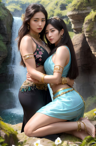 ((Realistic:1.5)),Ulzzang-6500:1.3?((Best quality)), ((Masterpiece)),((Detailed)),2girls,duo,{2 beautiful women}, 8K Raw photograph,2girls,duo,{2 beautiful women}, best qualtiy,Masterpiece, ?????,filmgrain,cinematic ligh,looking at viewer,Natural skin texture,Realistic Eyes and Face Details,(Upper body:1.3),Hug and touch each other, Tease your friend's waist, Breathless friends, Biting a friend's earlobe, crouched,super wide shot,Face focus, Long legs,Curvy, Barefoot,Wide hips, Thin legs, Oversized eyes,Long eyelashes, (Detailed face,beautidful eyes, detailedpupils,detailed clothes features, Clear background:1.3), (armlets, bangle:1.3), Mysterious ancient ruins, floresta exuberante, Deep canyon,bridge,River,cliff,Cloud,lakes,Rock music,Waterfalls, Flowers, Grass,grape trees,tree,bright detail,Sharp,Perfect compounding, Intricate, Sharp focus, Dramatic,