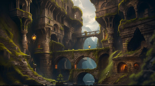 ((((masterpiece, best quality, high resolution)))), Extremely detailed 8K, (ultra detailed) wallpaper, ultra wide shot, photorealism, fantasy art, ancient fantasy_world dwarven (ultra detailed, Masterpiece, best quality) city abandoned, many half built building, 3 rats, a skeleton leaning on a wall, moss covering some of the buildings, dim light fantasy_night, shadows, silhouette, depth of field, city built under the mountain in a big cave,